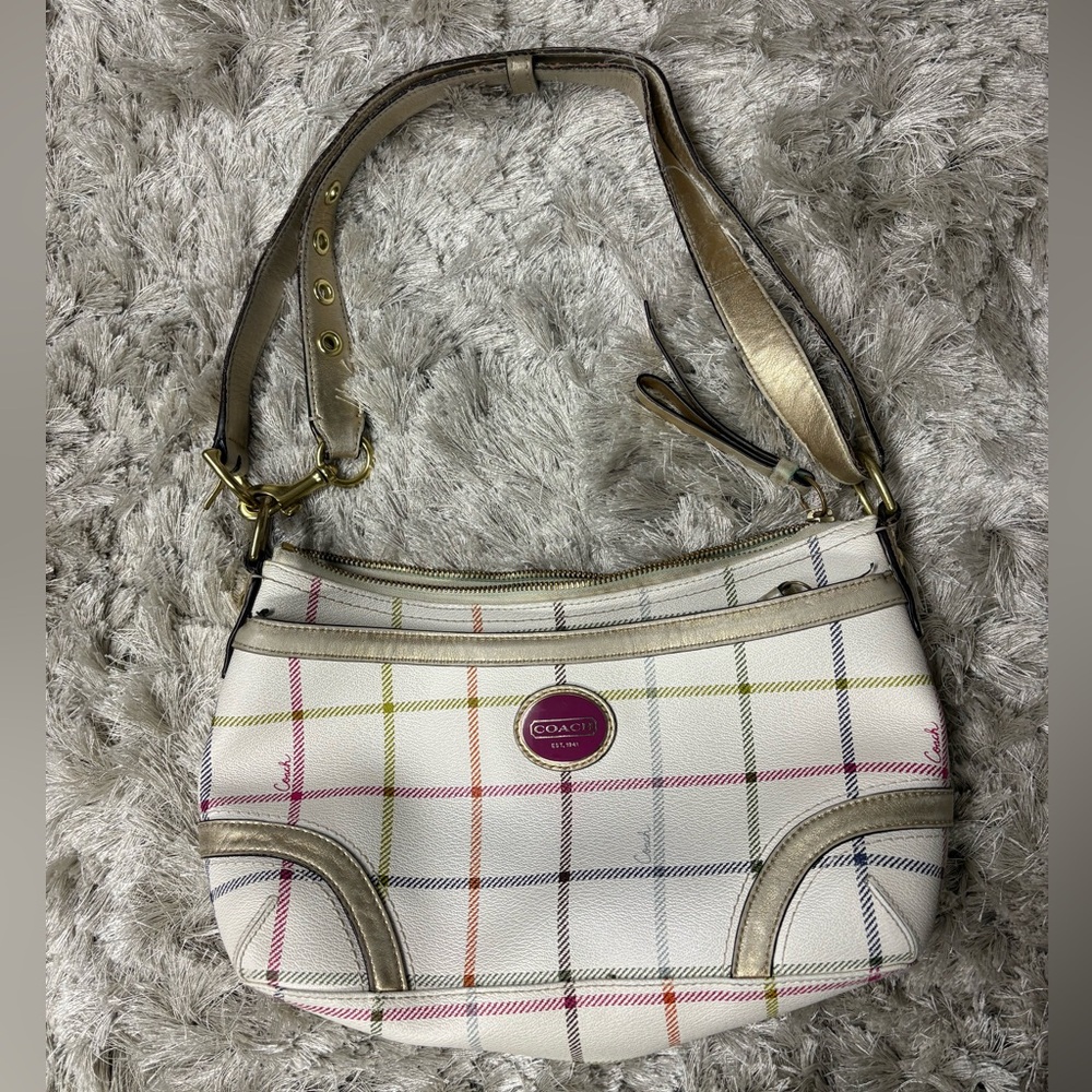 Coach White Plaid Crossbody Shoulder Bag with Multicolor Stripes